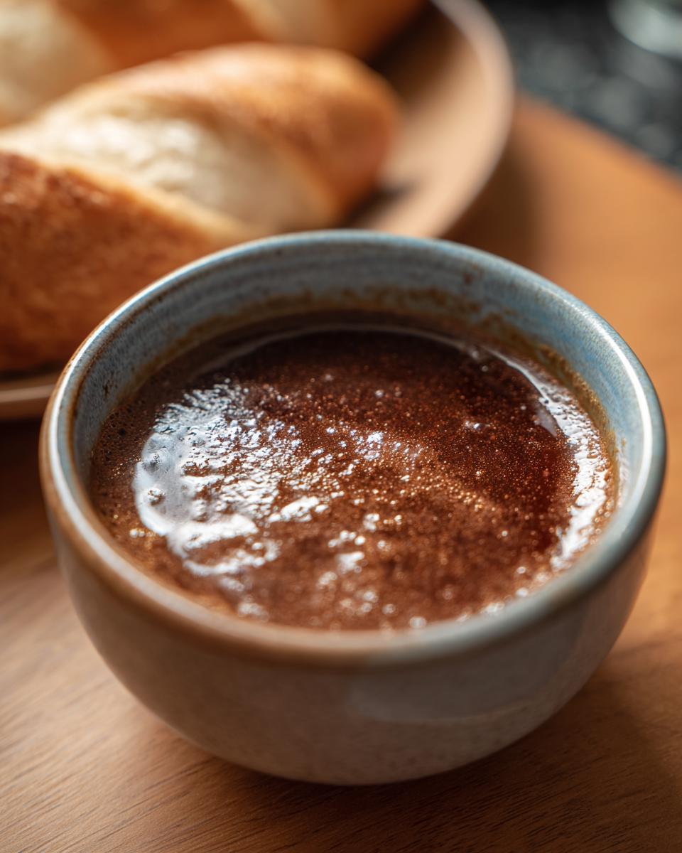 A close-up of a bowl filled with rich, frothy Au Jus, with bread rolls blurred in the background.