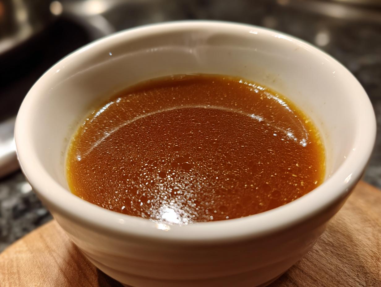 Close-up of a white bowl filled with rich, brown Au Jus, perfect for French Dip Sandwiches.