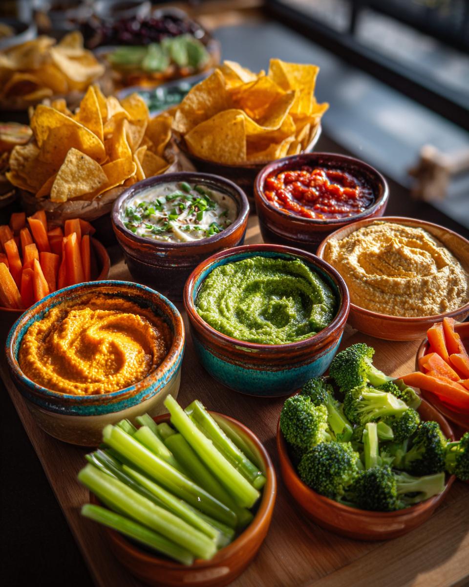A vibrant Dips & Chips Bar featuring various dips like hummus, salsa, and a green dip, with tortilla chips and fresh vegetable sticks.
