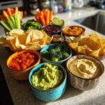 A colorful and abundant Dips & Chips Bar with various dips like guacamole, hummus, salsa, and chips, alongside fresh vegetables.