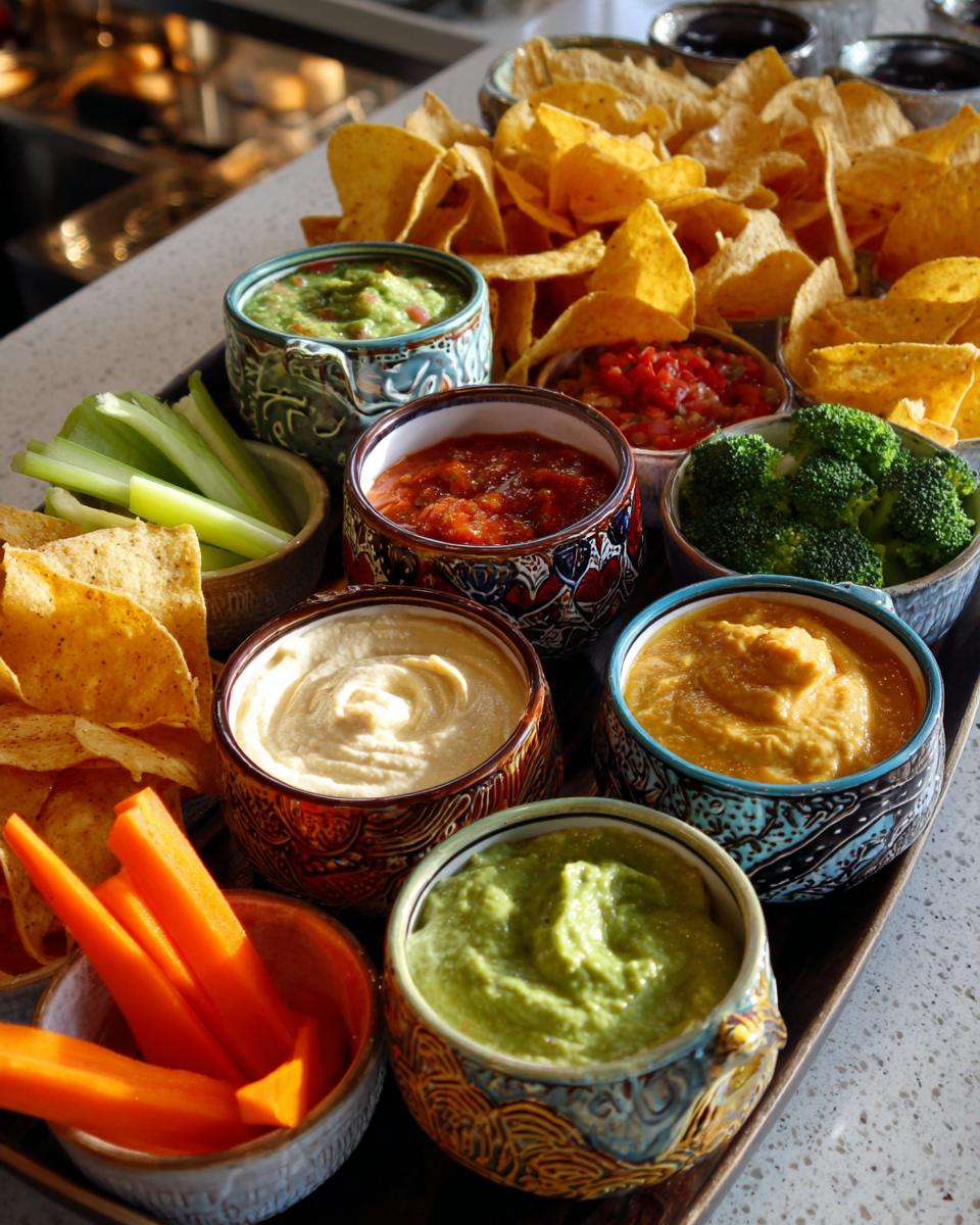 A variety of colorful dips, including guacamole, salsa, and hummus, served with tortilla chips and fresh vegetables for a Dips & Chips Bar.