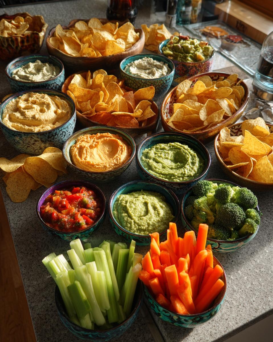 A variety of dips, chips, and fresh vegetables arranged for a Dips & Chips Bar.
