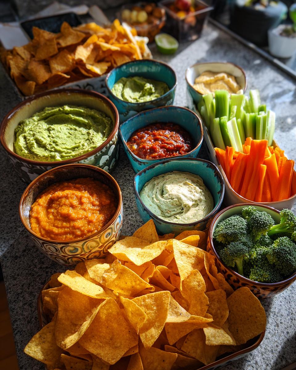 A variety of colorful dips and chips are arranged on a counter, perfect for a Dips & Chips Bar.