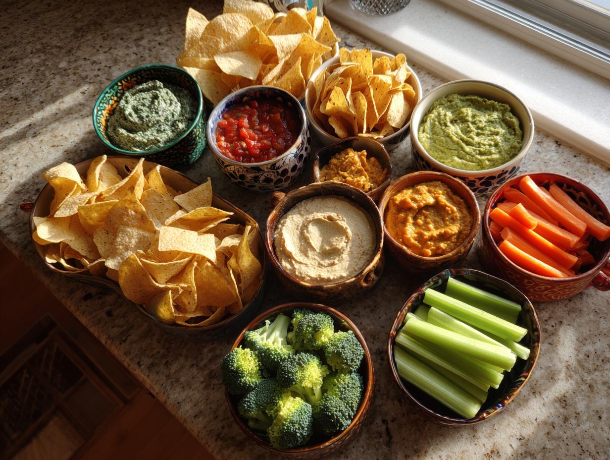 A variety of dips and chips arranged on a counter for a Dips & Chips Bar, including hummus, salsa, guacamole, and vegetable sticks.