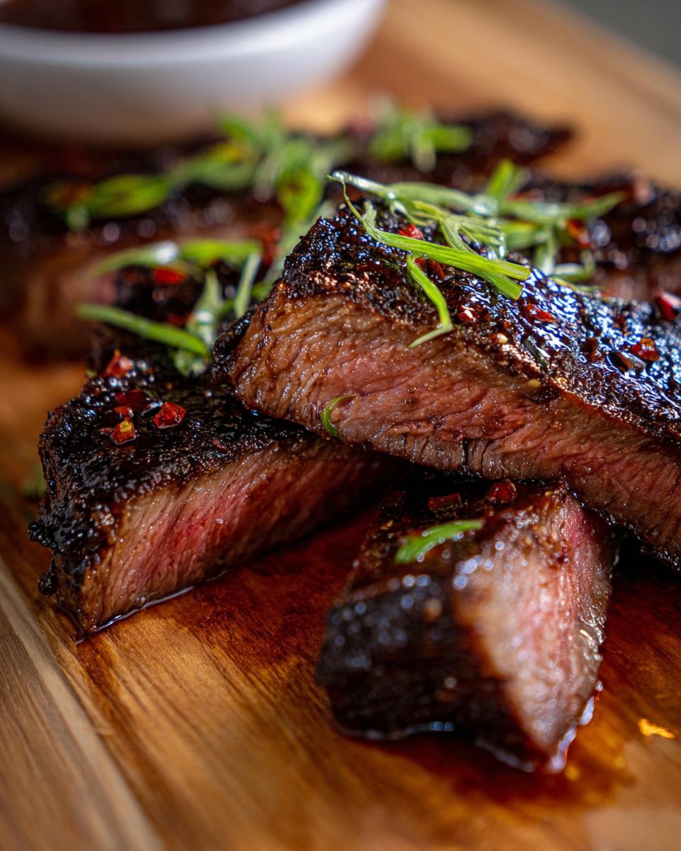 Close-up of perfectly cooked sliced steak with a glossy glaze and green garnish, served with an Easy Au Jus Recipe From Scratch.