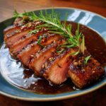 Sliced steak served with a rich, glossy au jus and garnished with fresh rosemary. Easy Au Jus Recipe From Scratch.