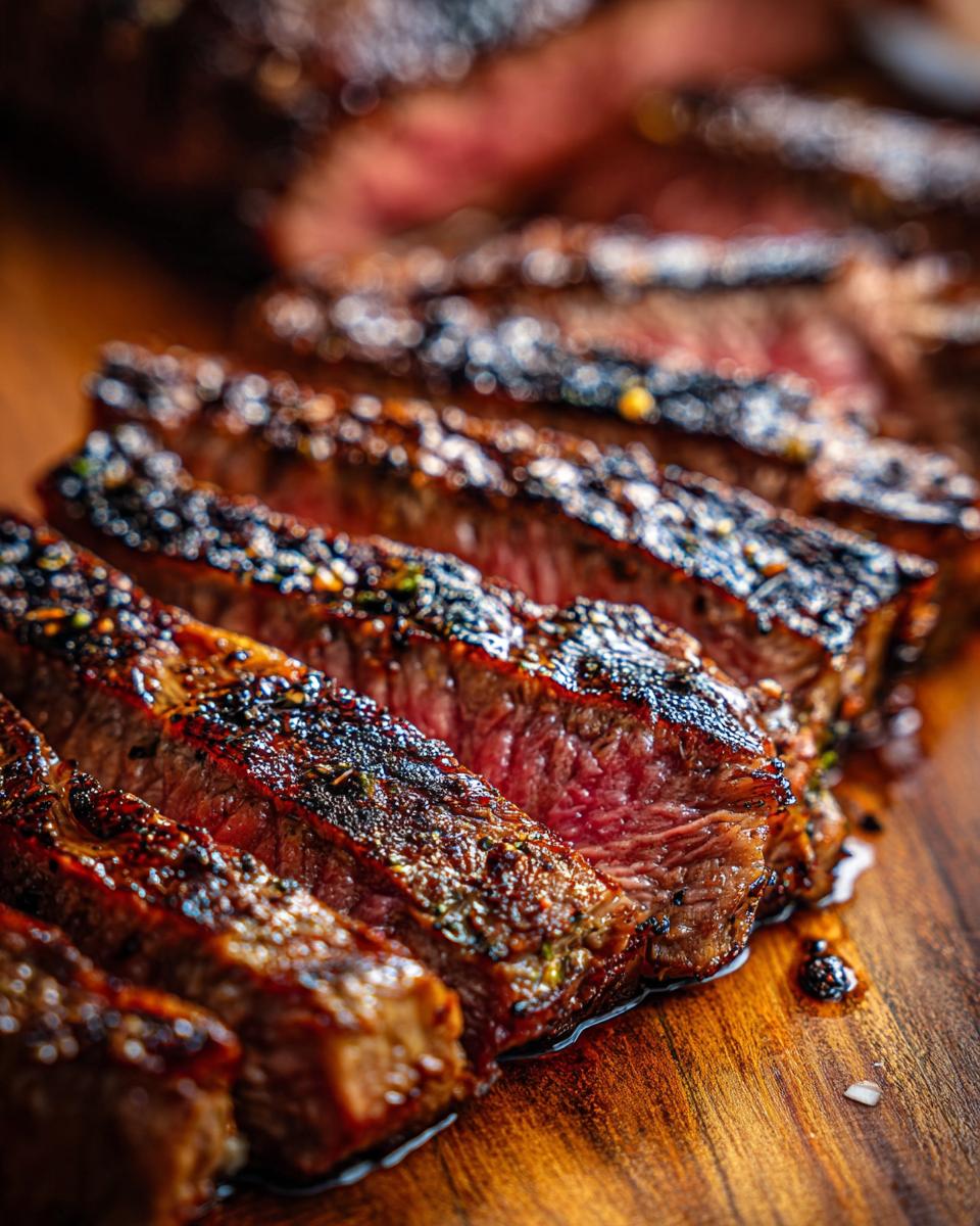 Close-up of perfectly sliced steak, showcasing its juicy pink center and seasoned crust, ideal for an Easy Au Jus Recipe.