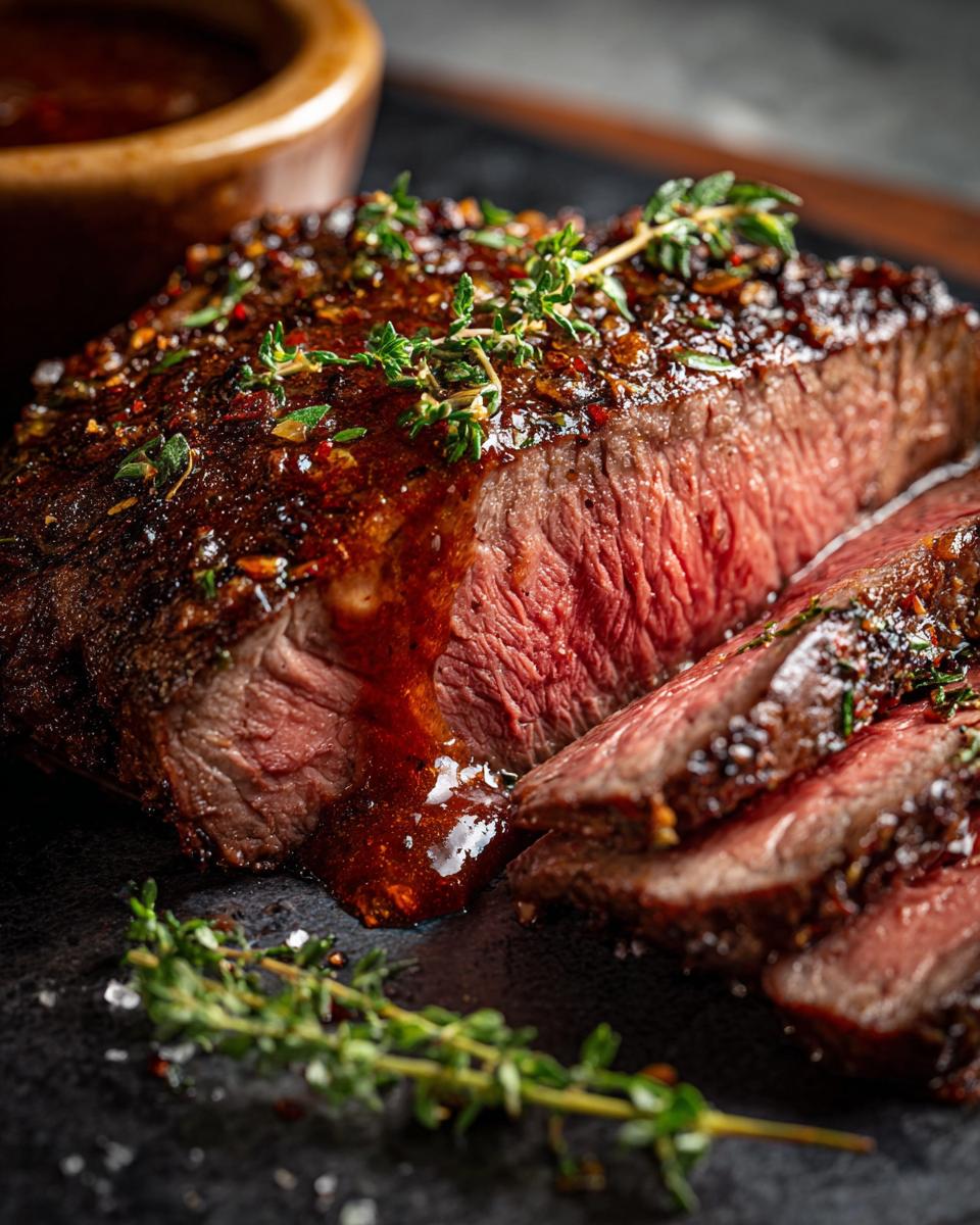 Juicy steak sliced and drizzled with rich au jus sauce, garnished with fresh thyme. Easy Au Jus Recipe From Scratch.