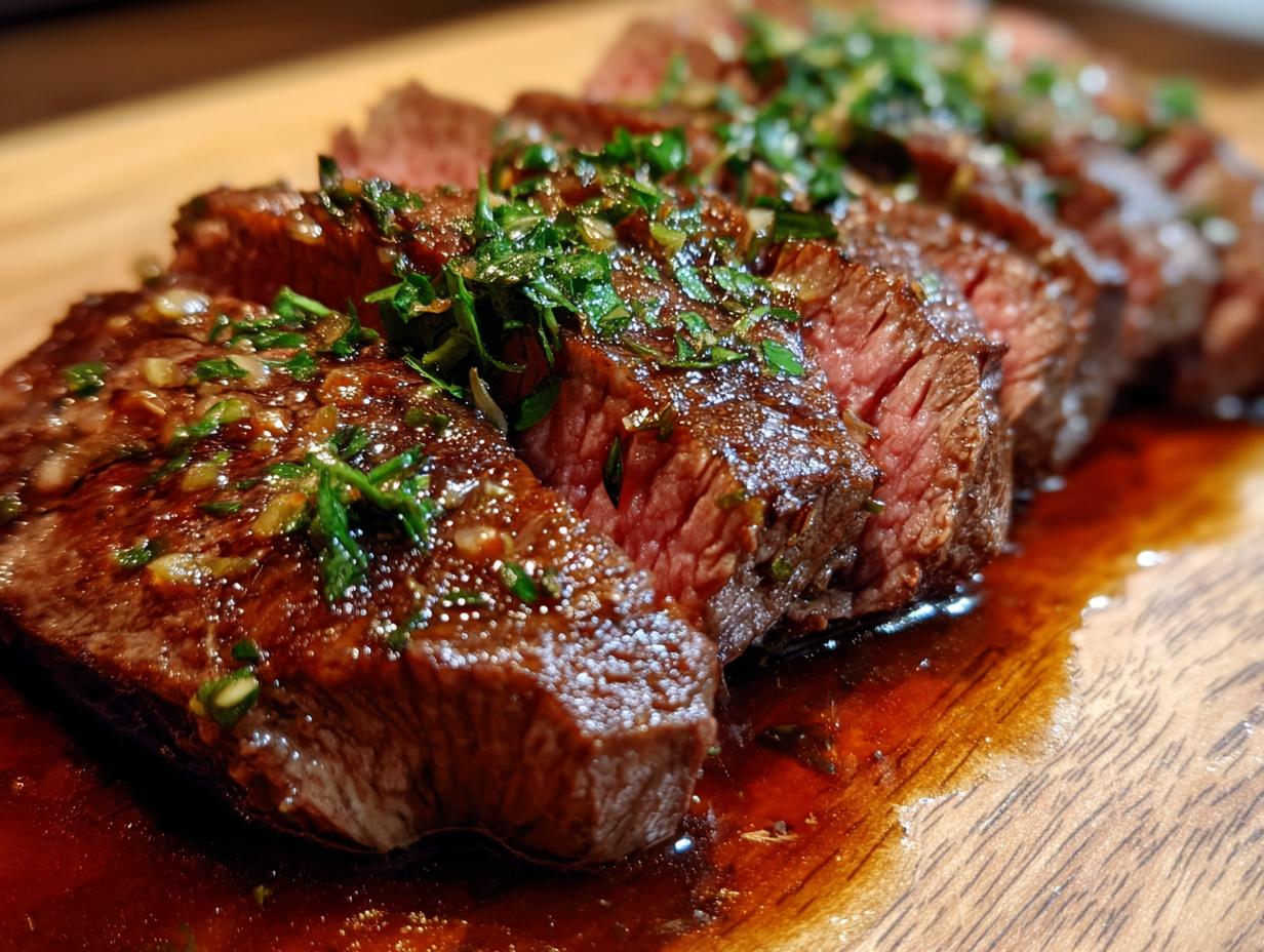 Juicy sliced steak served with a rich, glossy au jus sauce and fresh herbs, perfect for an easy au jus recipe.
