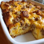 Close-up of a golden-brown Easy Breakfast Casserole with melted cheese and crumbled sausage in a white baking dish.
