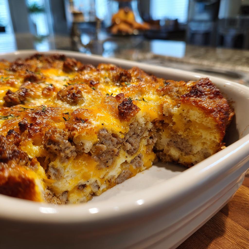 A slice of Easy Breakfast Casserole with layers of sausage, eggs, and melted cheese, baked to golden perfection.