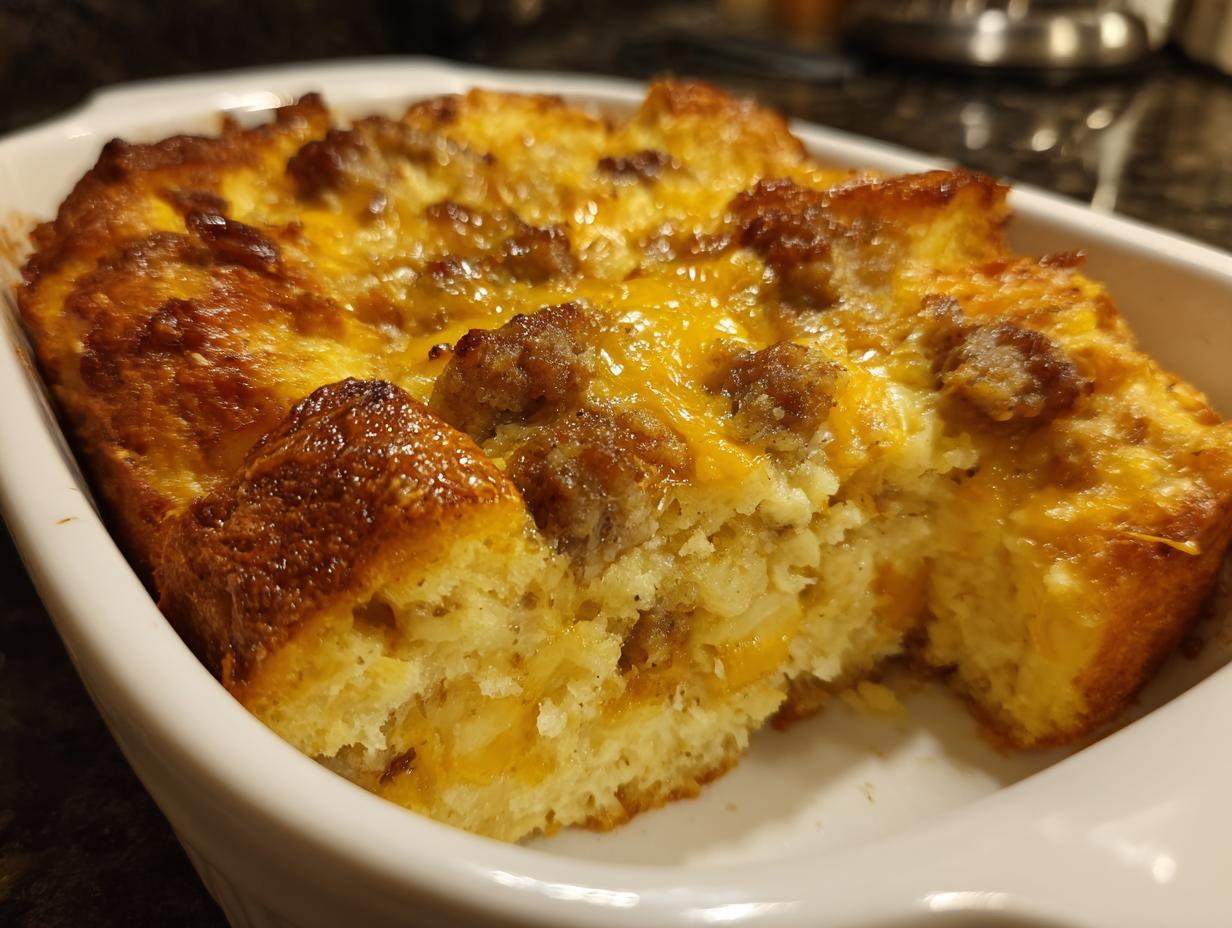 A golden-brown Easy Breakfast Casserole baked in a white dish, topped with melted cheese and crumbled sausage.