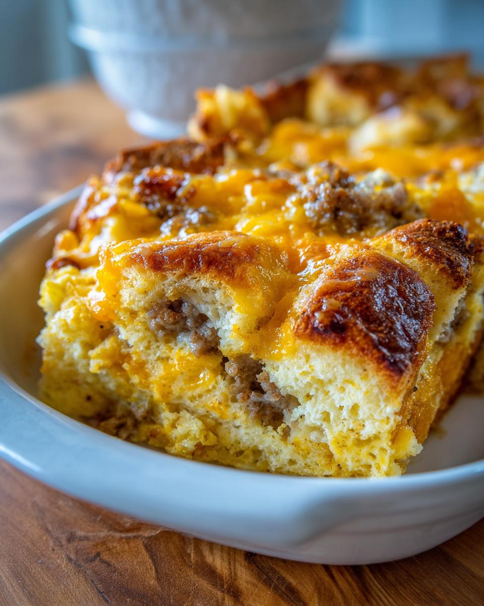 A close-up of a slice of Easy Breakfast Casserole, featuring bread, sausage, and melted cheddar cheese.