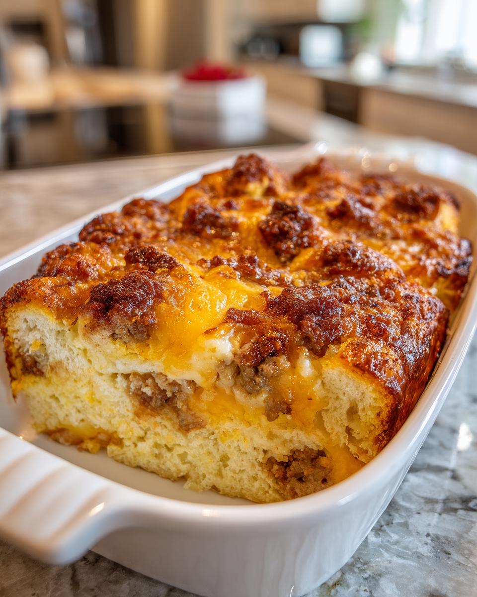 A slice of Easy Breakfast Casserole featuring layers of bread, sausage, eggs, and melted cheese.