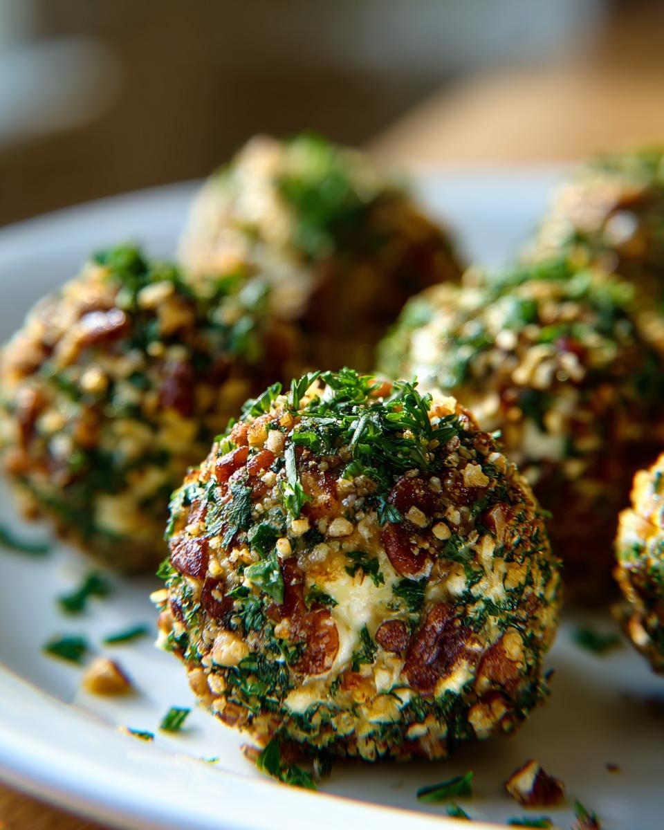 Close-up of delicious Cheese Ball Bites coated in chopped nuts, herbs, and bacon bits.