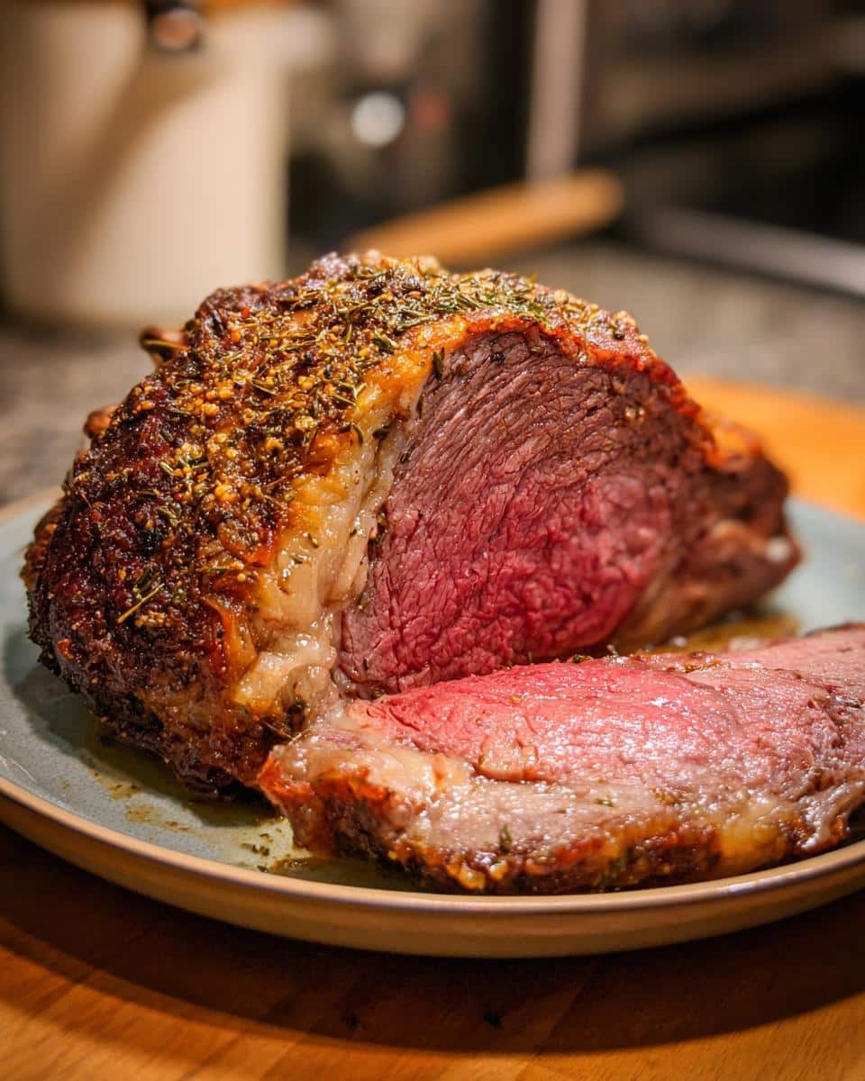 A juicy, perfectly roasted prime rib with a golden-brown herb crust, sliced to reveal a tender pink interior.