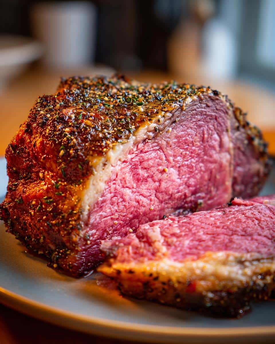 A juicy, perfectly roasted prime rib slice with a flavorful herb crust, showcasing a beautiful pink interior.