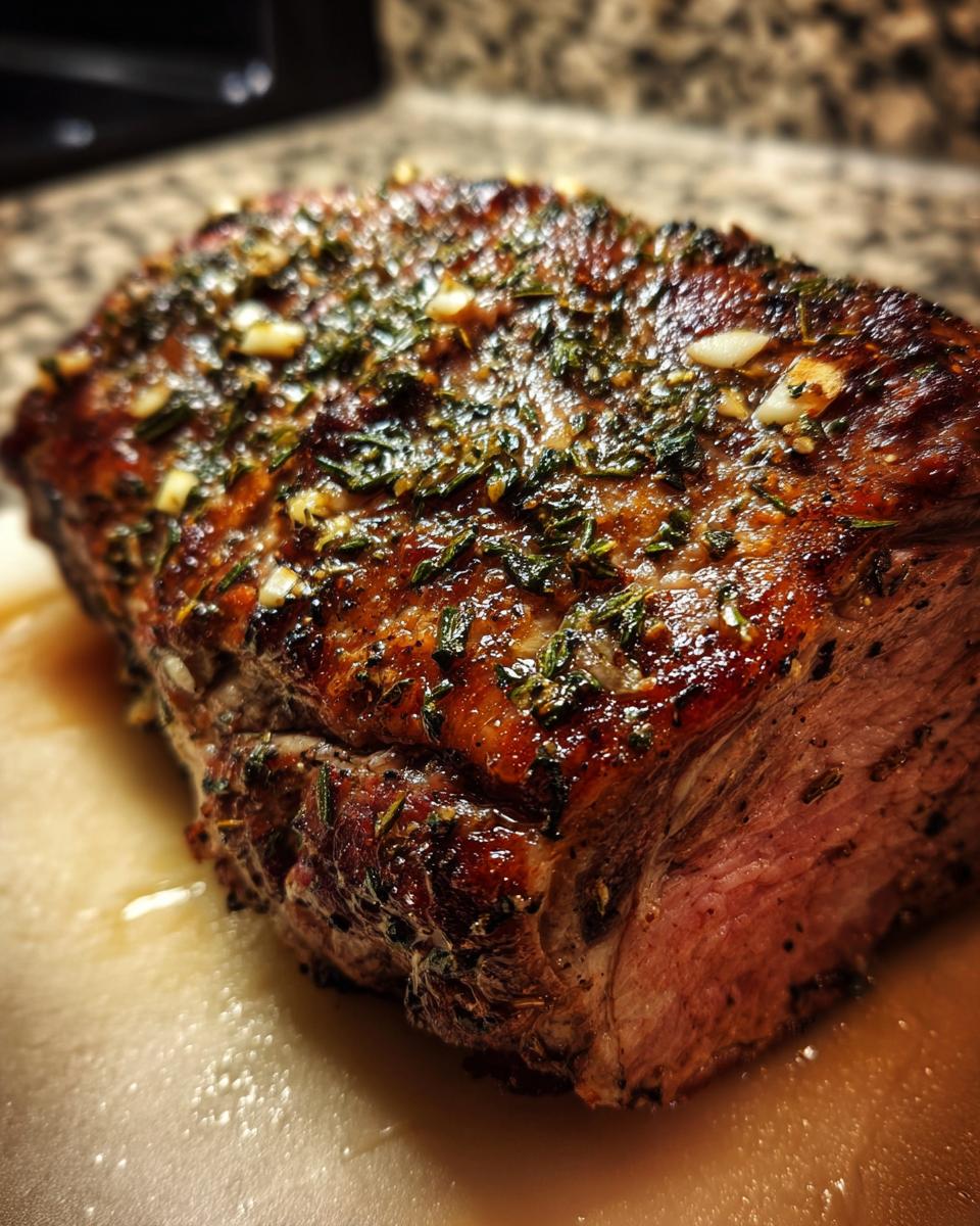 A perfectly roasted prime rib with a herb and garlic crust, ready to be sliced.