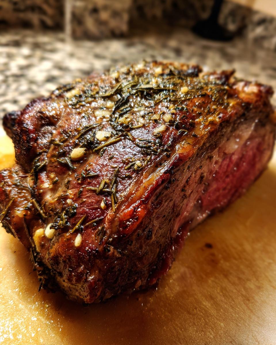 A perfectly cooked, juicy prime rib roast seasoned with herbs and garlic, ready to be sliced.