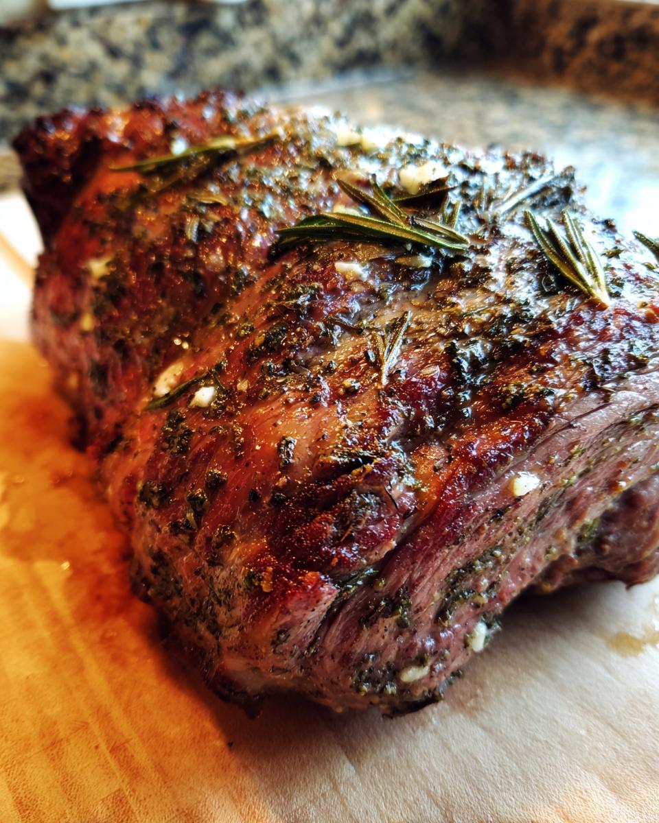 A beautifully roasted prime rib with herbs and garlic, ready to be carved.