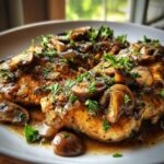 Close-up of Fancy Chicken Marsala with sliced mushrooms and fresh parsley garnish.