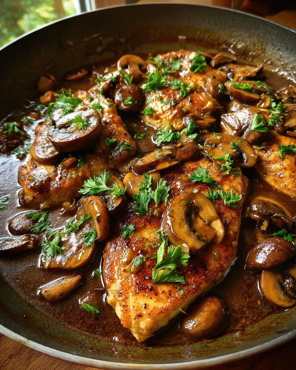 Close-up of Fancy Chicken Marsala in a pan, featuring golden-brown chicken breasts with a rich mushroom Marsala sauce and fresh parsley garnish.