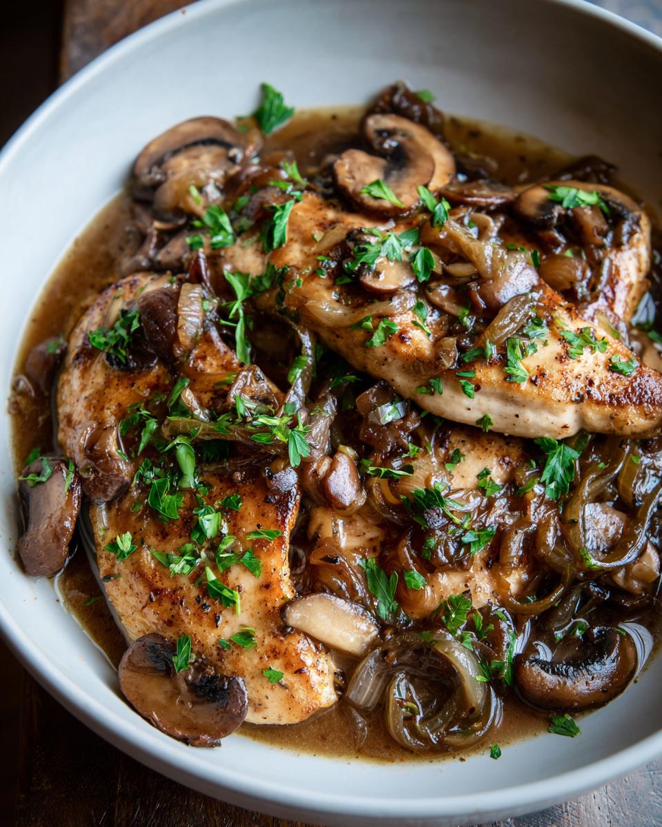 Close-up of Fancy Chicken Marsala, featuring pan-seared chicken breasts in a rich Marsala wine sauce with mushrooms and caramelized onions, garnished with parsley.
