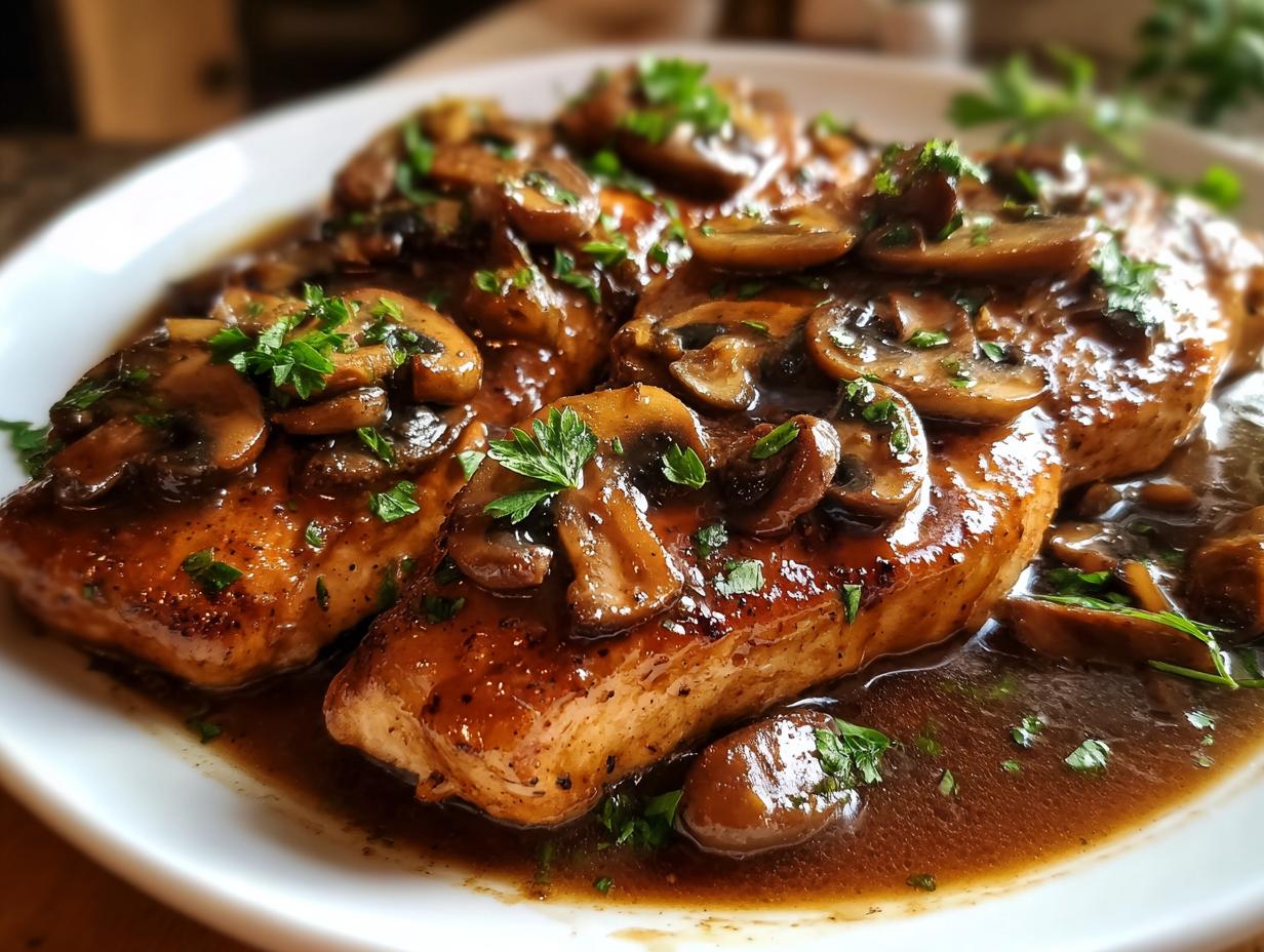 Close-up of tender Fancy Chicken Marsala breasts topped with sautéed mushrooms and fresh parsley, in a rich Marsala sauce.