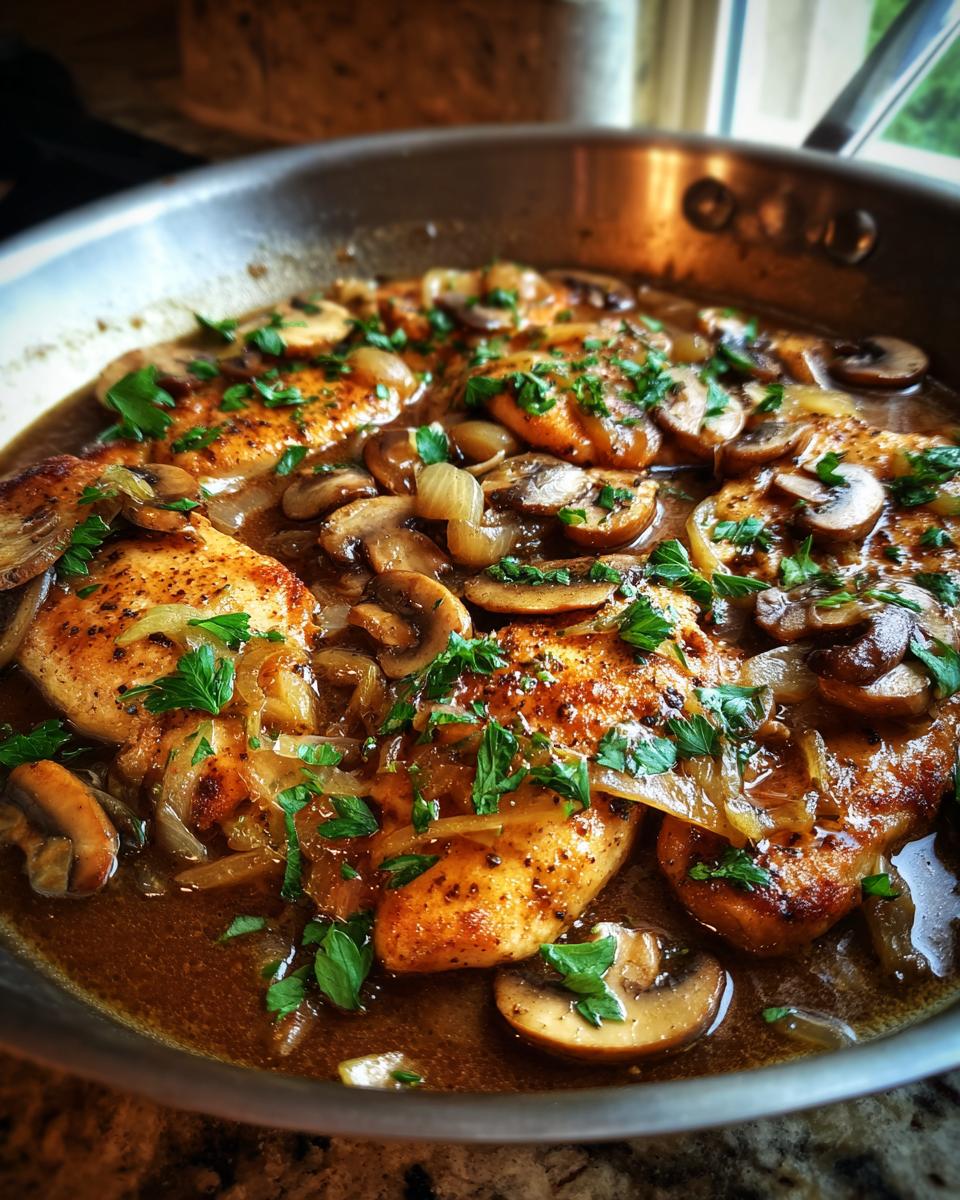Close-up of Fancy Chicken Marsala in a skillet, featuring golden-brown chicken pieces with mushrooms and onions in a rich sauce, garnished with parsley.