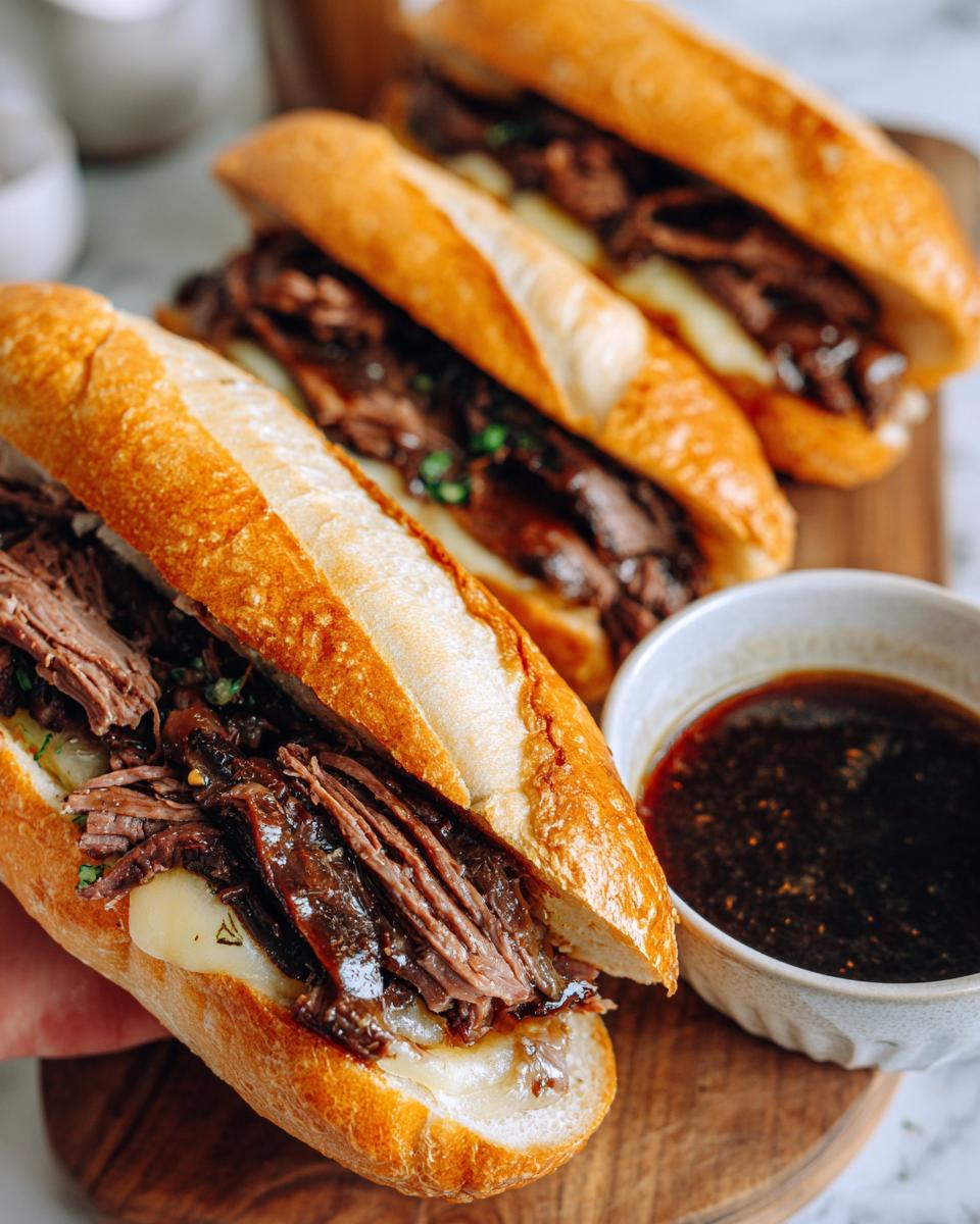 A close-up of a delicious French Dip sandwich made with leftover prime rib and au jus.