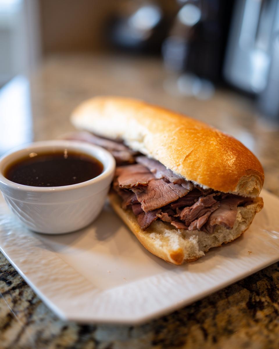 A hearty French Dip sandwich made with leftover prime rib on a crusty roll, served with a side of au jus.