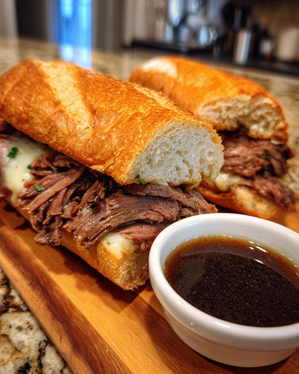 Two delicious French Dip sandwiches made with leftover prime rib and melted cheese, served with a side of au jus.