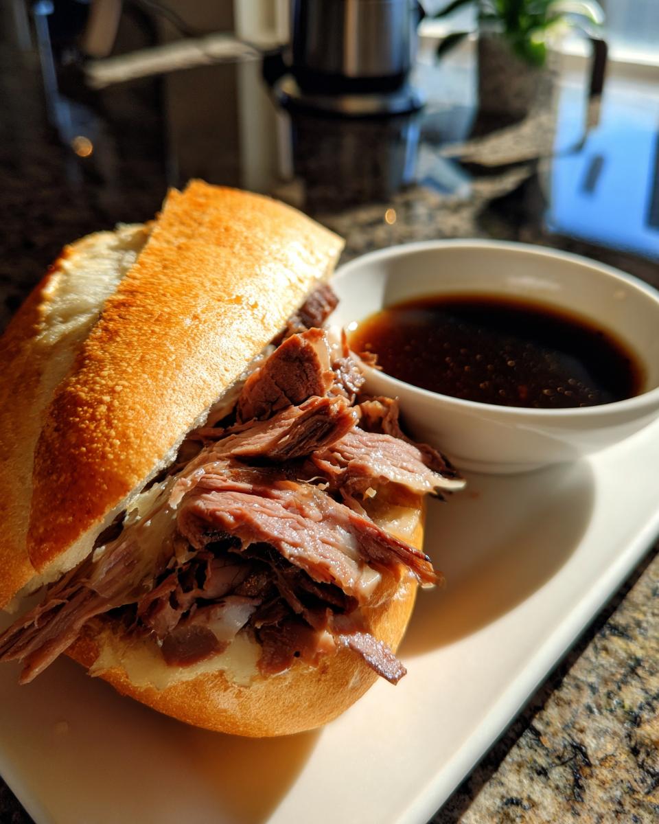 A delicious French Dip sandwich made with leftover prime rib, served with a side of au jus.