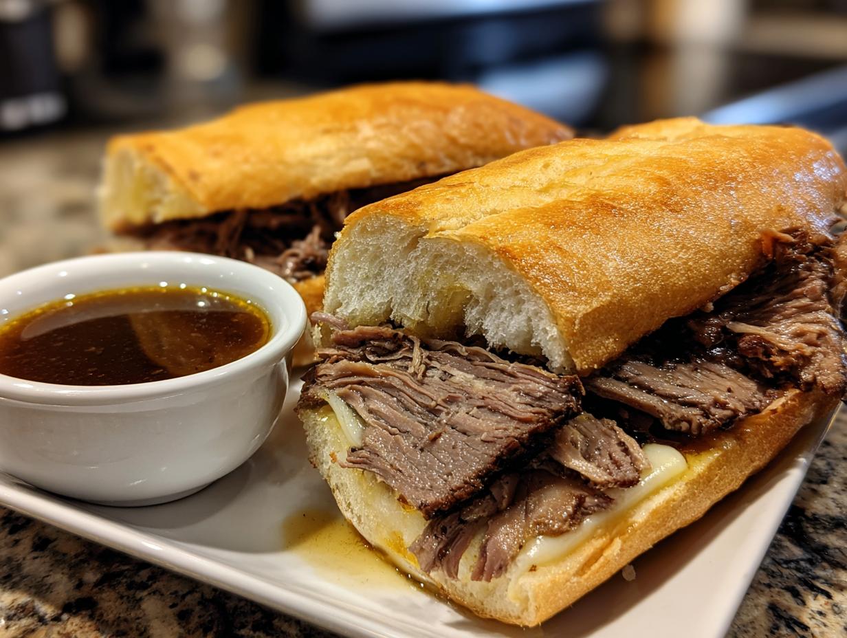 Two French Dip sandwiches made with leftover prime rib, cheese, and a side of au jus.
