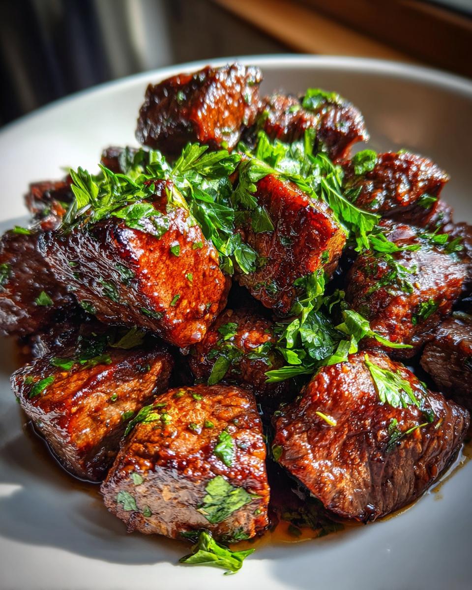 Close-up of juicy Garlic Butter Steak Bites, glistening and topped with fresh parsley.