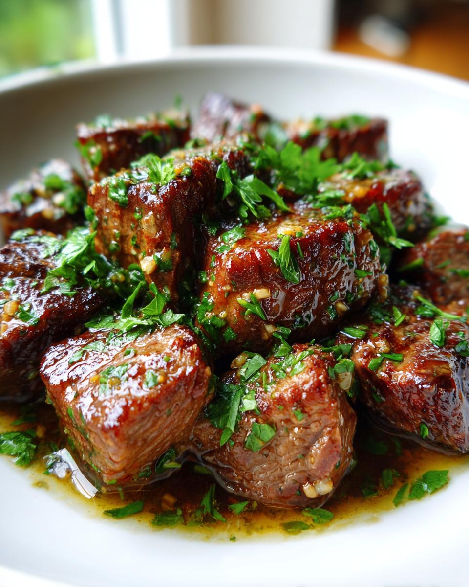 Close-up of juicy Garlic Butter Steak Bites garnished with fresh parsley and garlic.