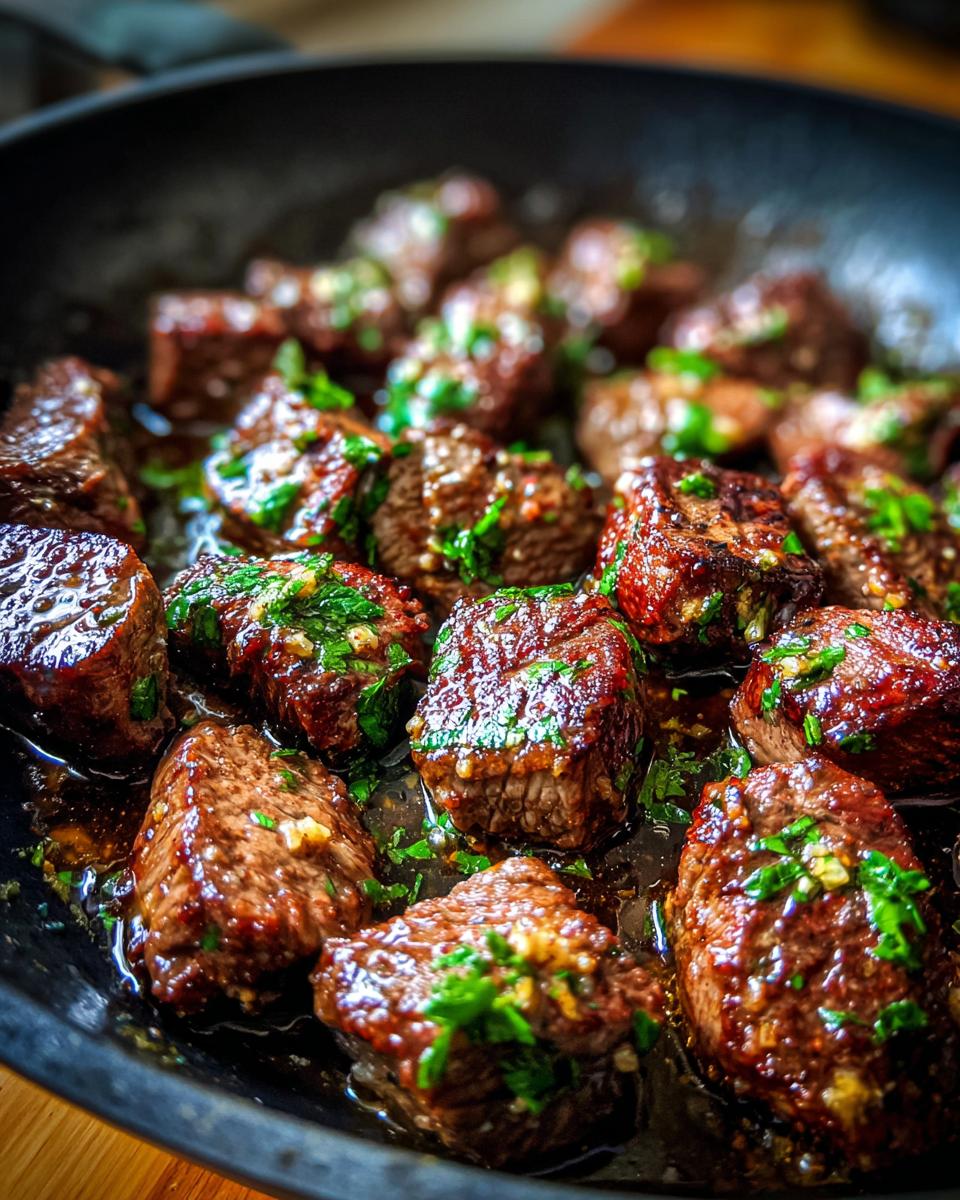 Close-up of juicy Garlic Butter Steak Bites sizzling in a pan with fresh parsley.