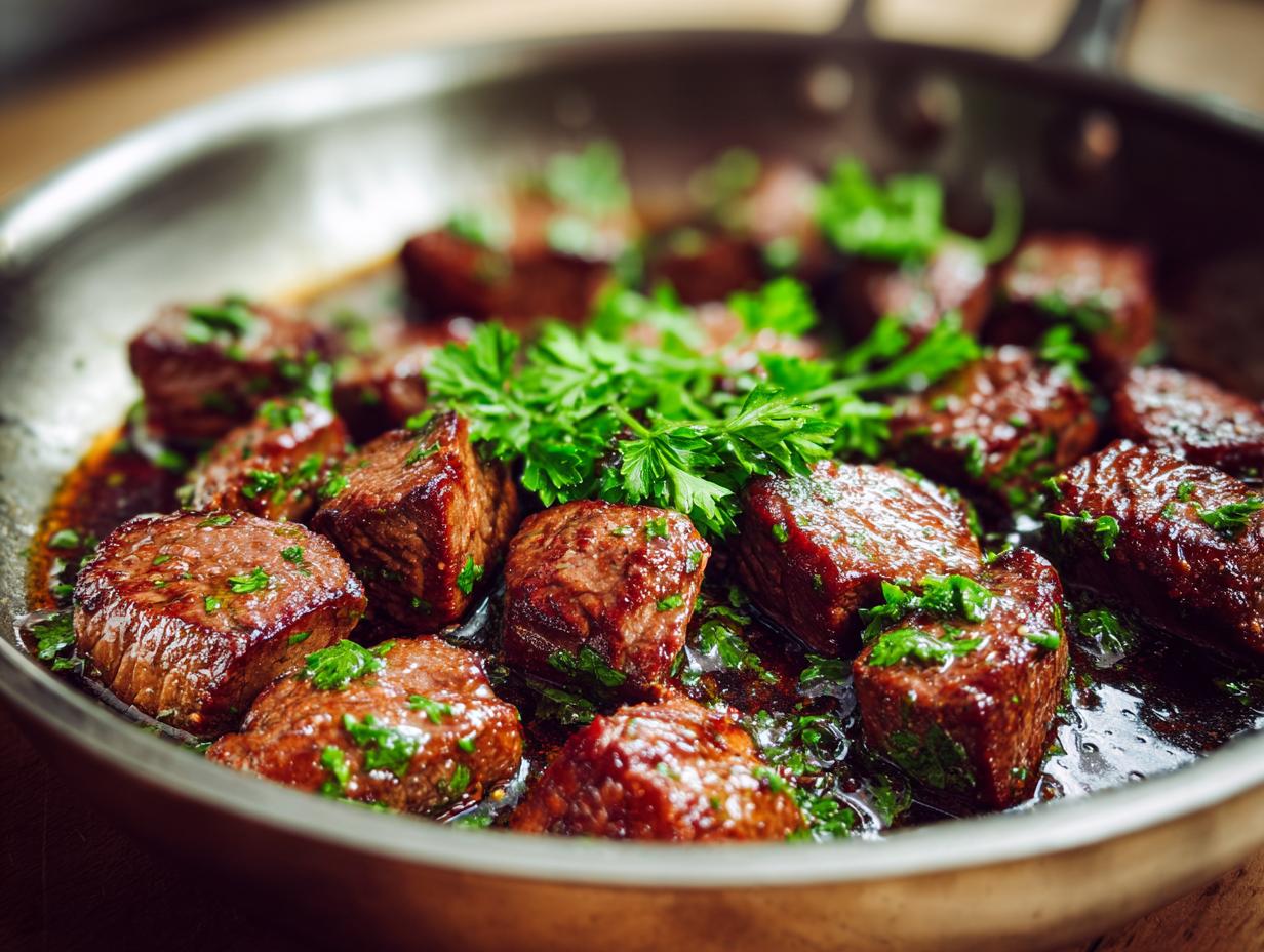 Close-up of juicy Garlic Butter Steak Bites sizzling in a pan with fresh parsley garnish.
