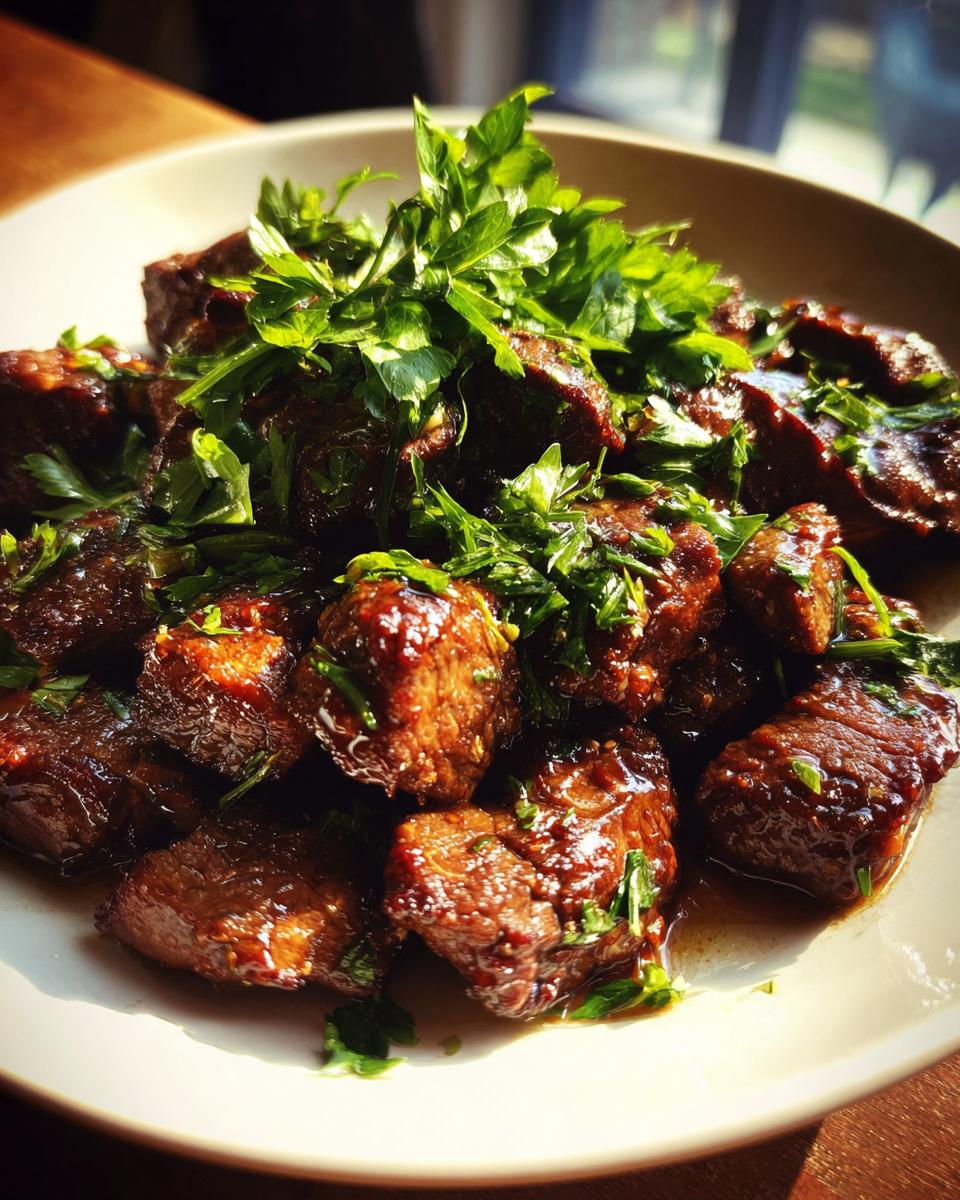 Close-up of juicy Garlic Butter Steak Bites garnished with fresh parsley on a white plate.