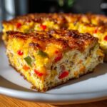 A delicious slice of Hash Brown Breakfast Casserole with colorful bell peppers and melted cheese.