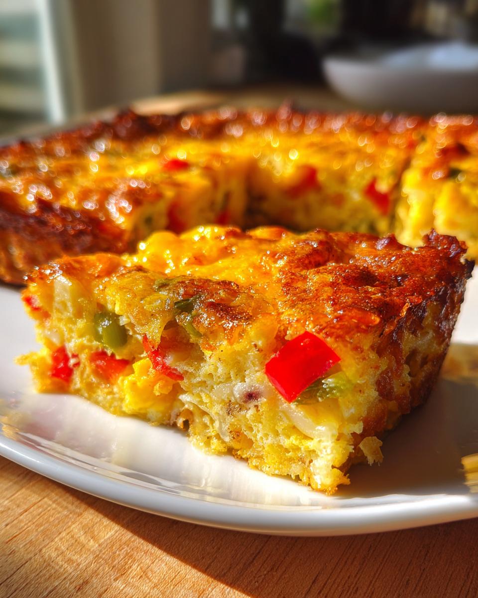 A close-up of a slice of Hash Brown Breakfast Casserole (One Pan) with visible chunks of red and green bell peppers.