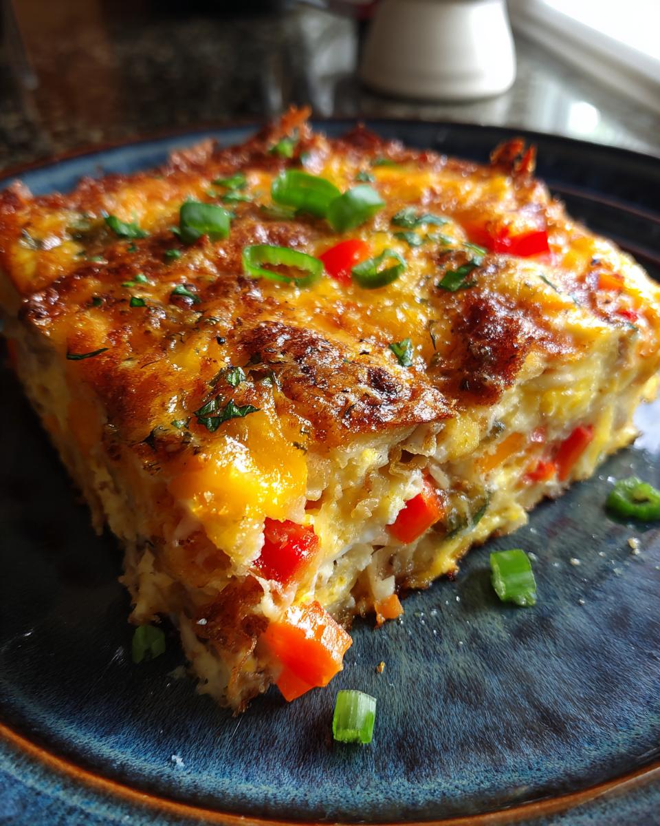 A delicious slice of Hash Brown Breakfast Casserole (One Pan) topped with melted cheese, red peppers, and green onions.