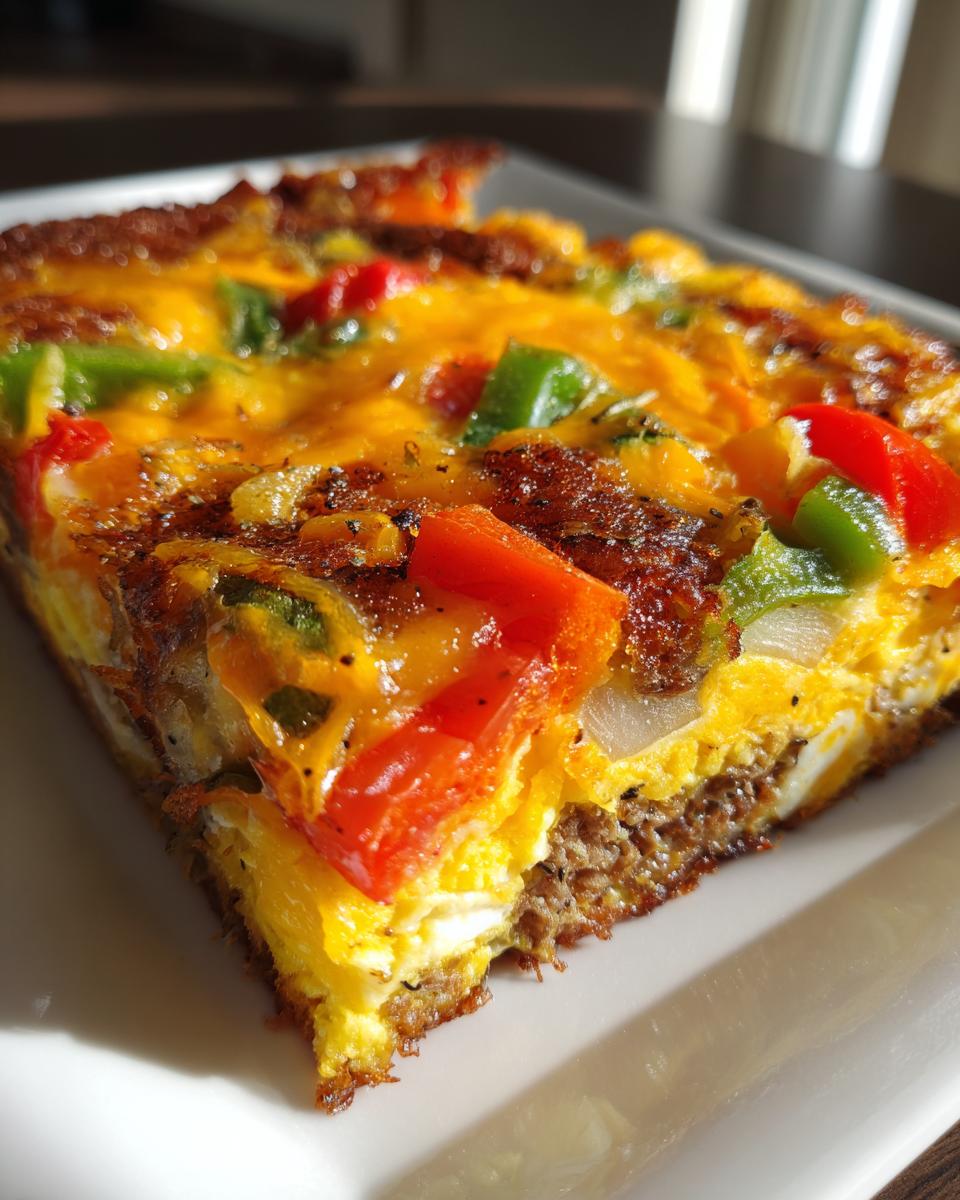 A slice of Hash Brown Breakfast Casserole with eggs, sausage, cheese, and colorful bell peppers.