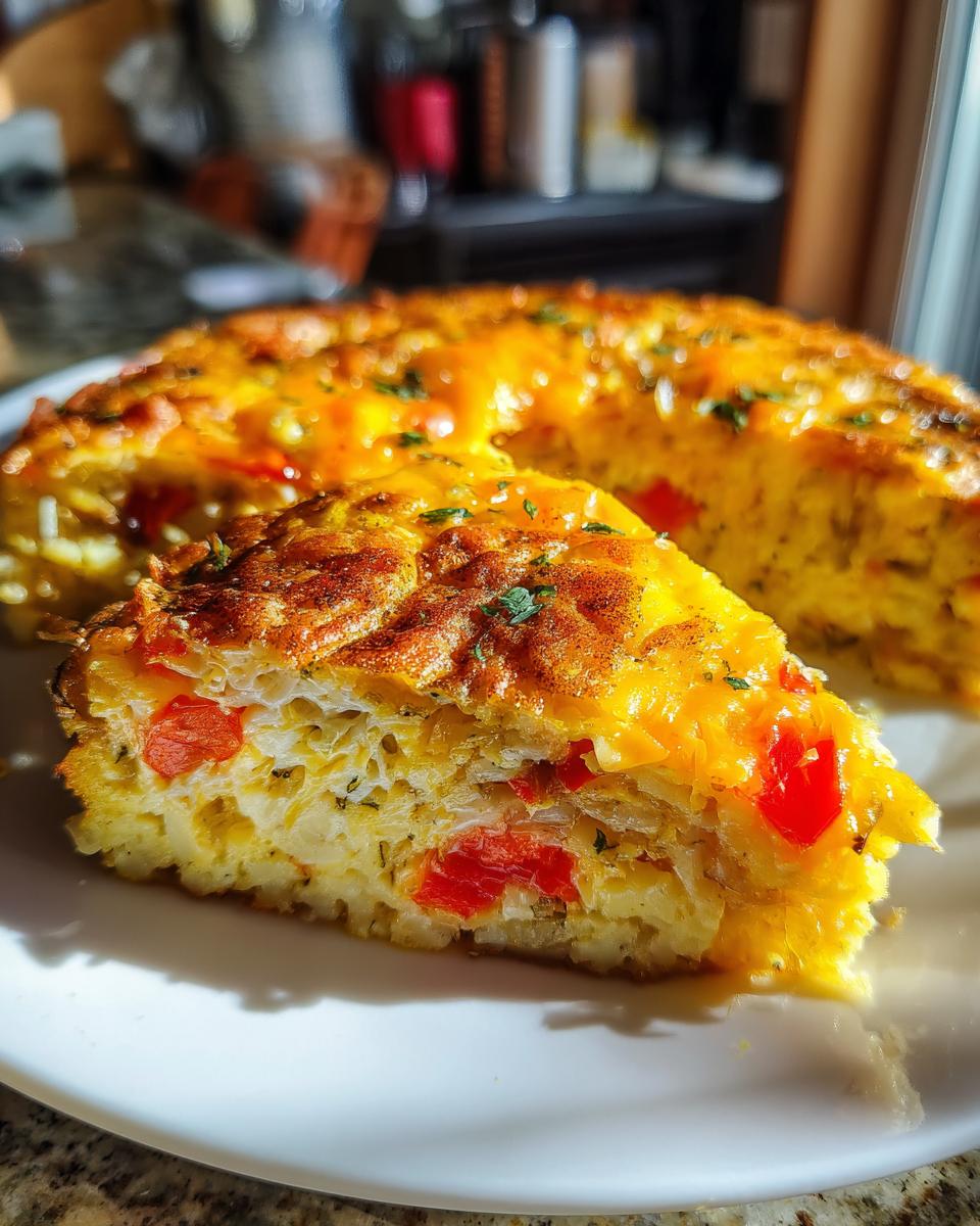A slice of Hash Brown Breakfast Casserole (One Pan) with visible eggs, cheese, and red bell peppers.