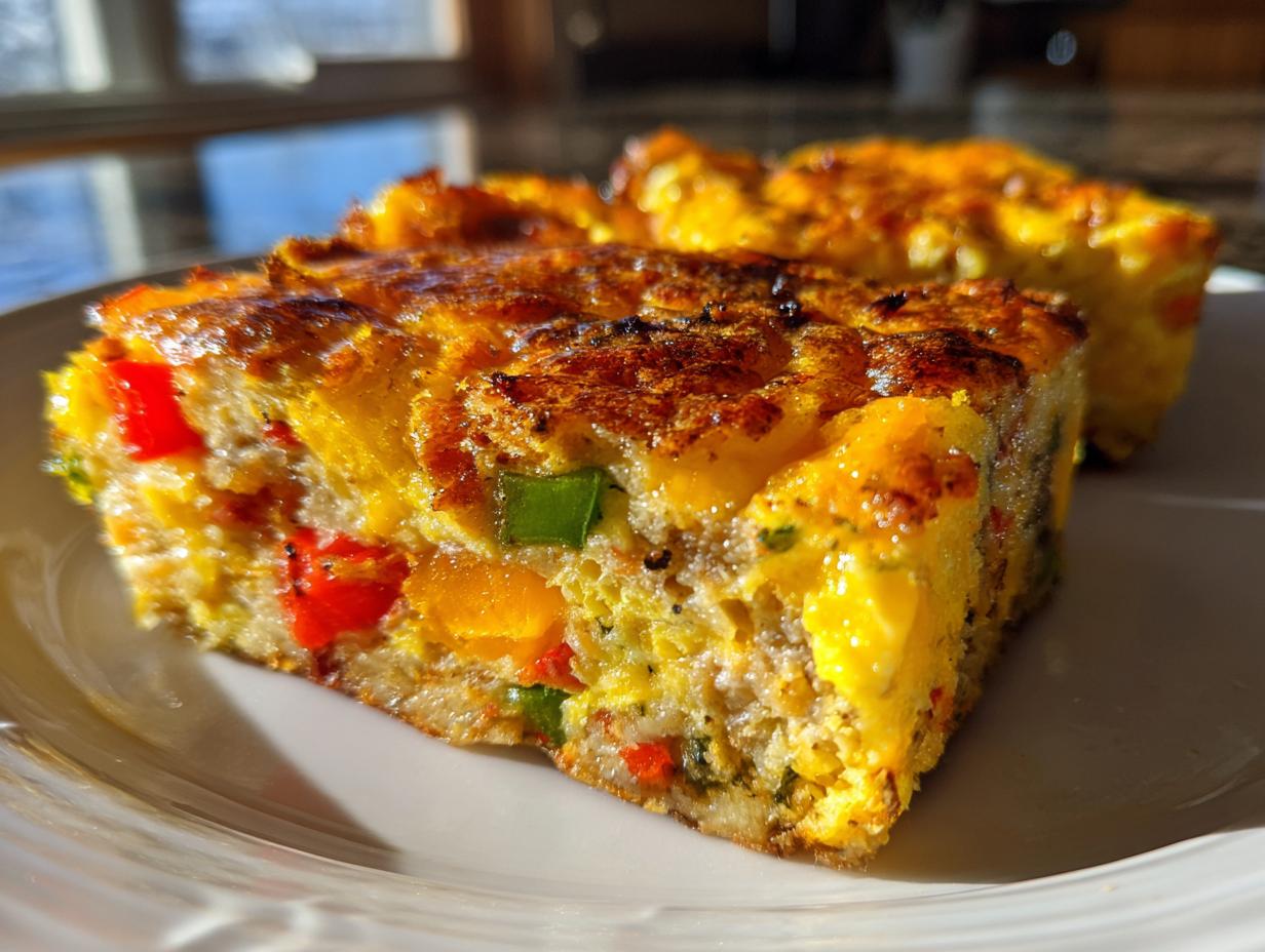 A close-up of a golden-brown slice of Hash Brown Breakfast Casserole with colorful bell peppers and herbs.