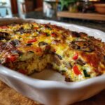 A slice taken out of a golden-brown, healthy veggie breakfast casserole filled with mushrooms, bell peppers, and zucchini.