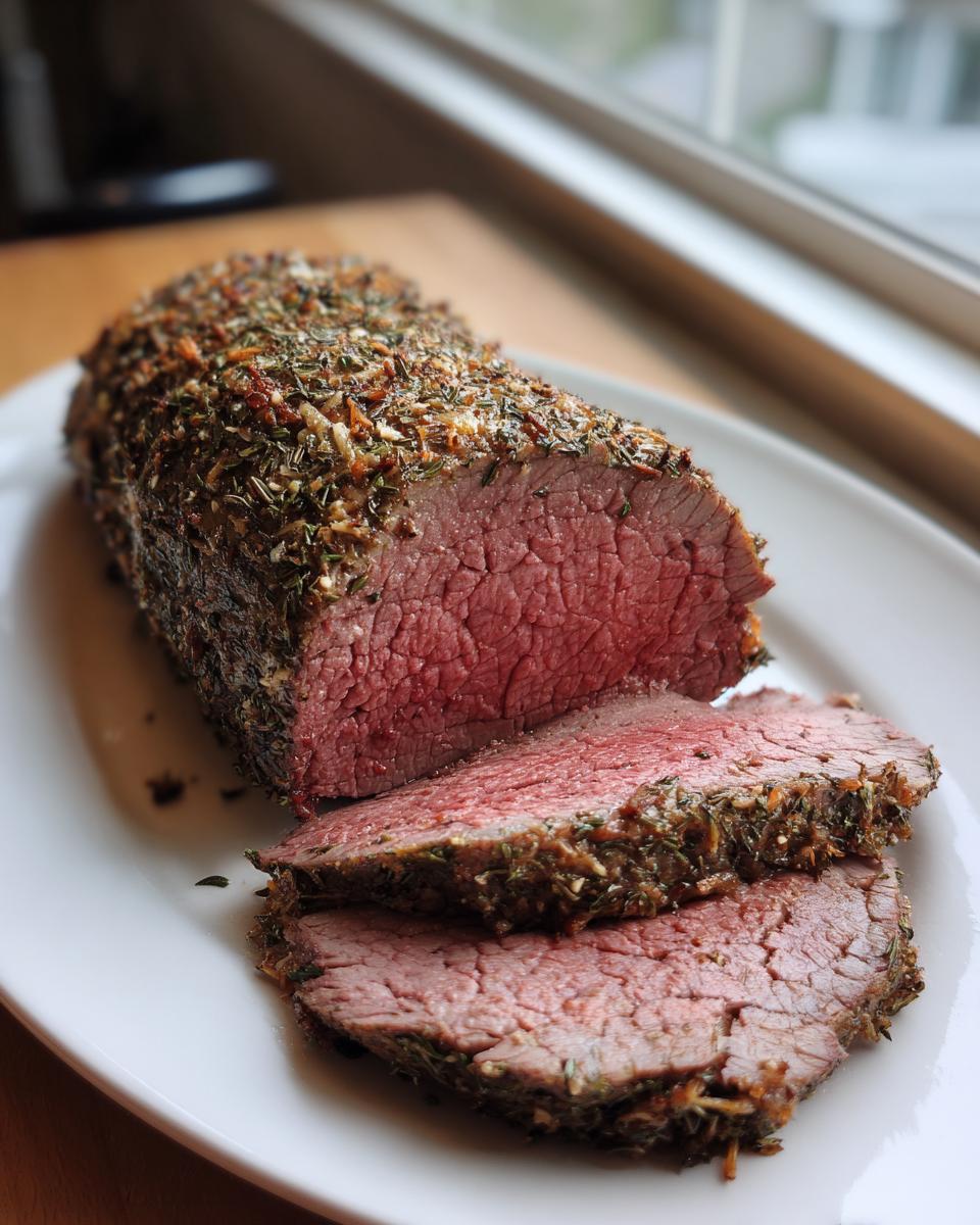 A perfectly cooked Herb-Crusted Beef Tenderloin, sliced to reveal a juicy pink interior, ready for a holiday feast.