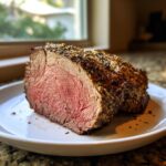 A perfectly cooked slice of herb-crusted beef tenderloin, showcasing its juicy pink interior and flavorful crust.