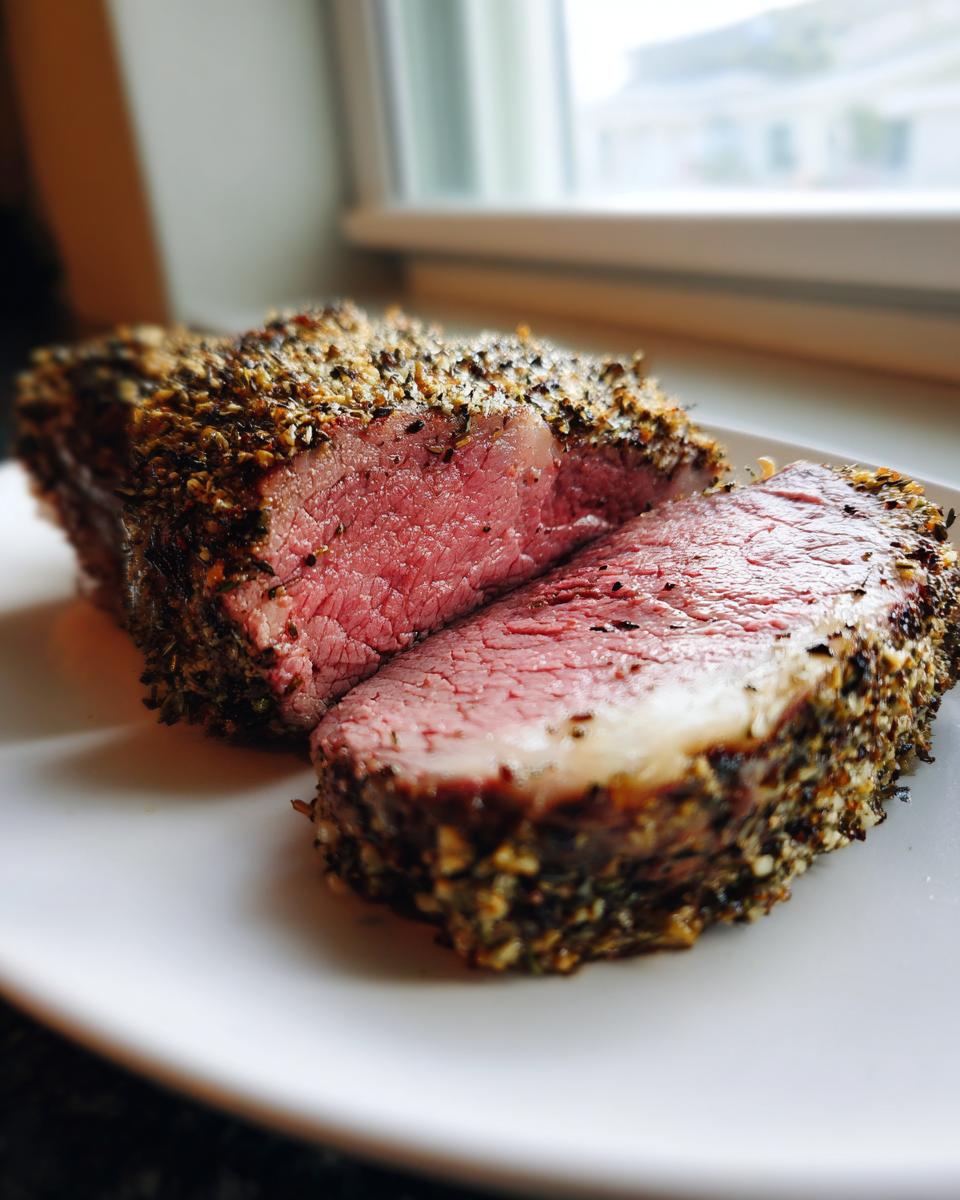 A perfectly cooked slice of Herb-Crusted Beef Tenderloin (Holiday Menu) on a white plate, showcasing its juicy pink interior and flavorful crust.