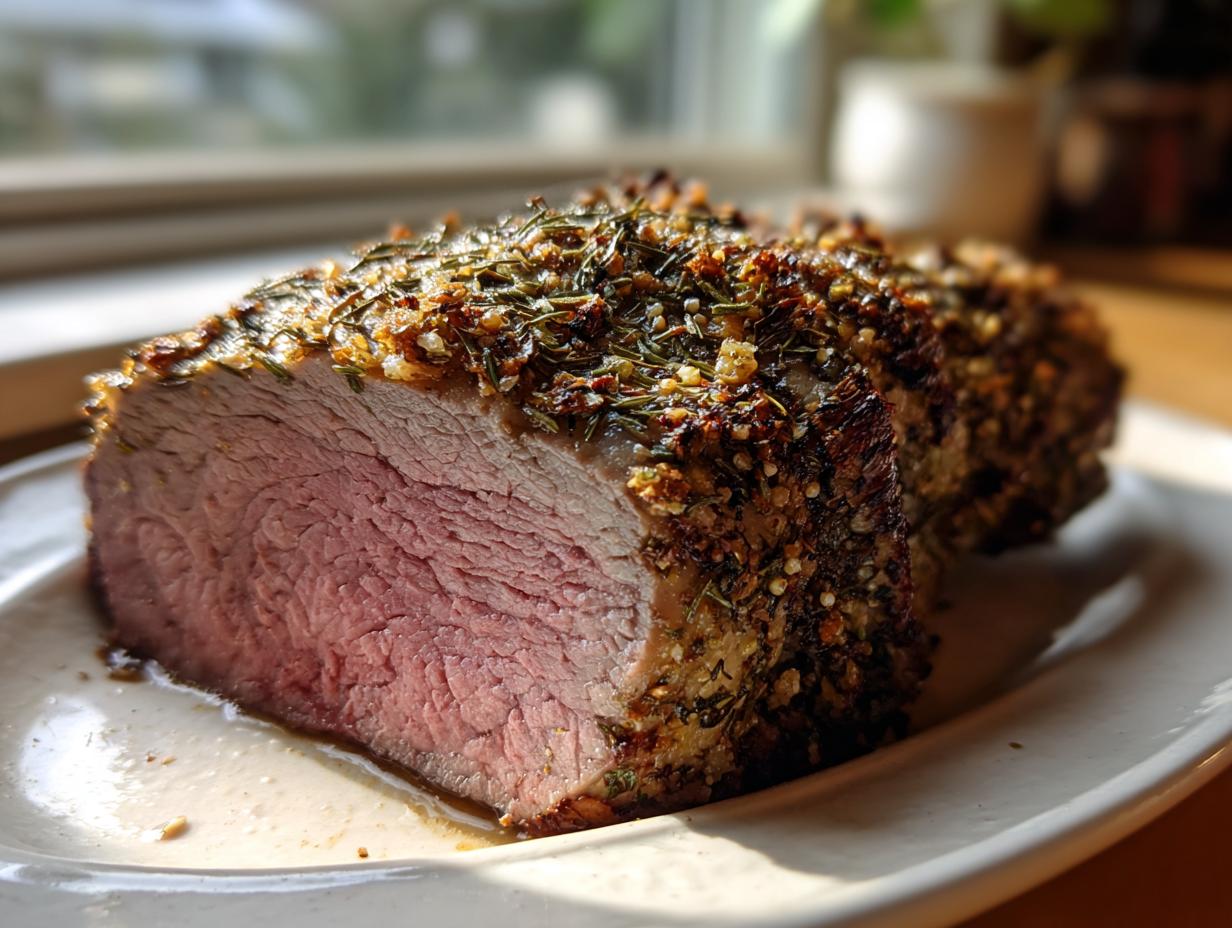 A juicy slice of Herb-Crusted Beef Tenderloin, cooked to a perfect medium-rare, with a flavorful herb crust.